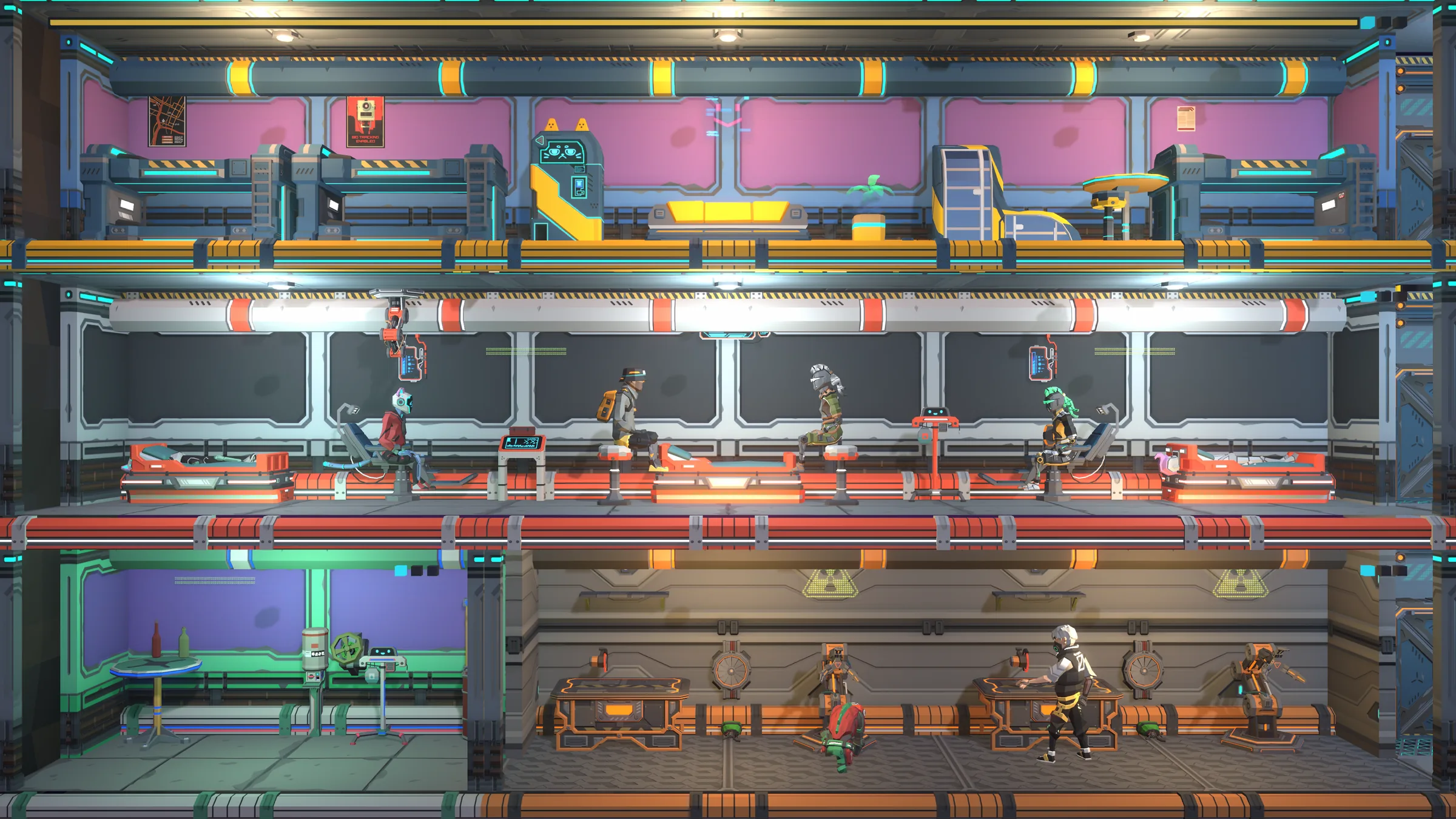 Six residents training in a chrome clinic around a holographic body scan, quarters above and a workshop below