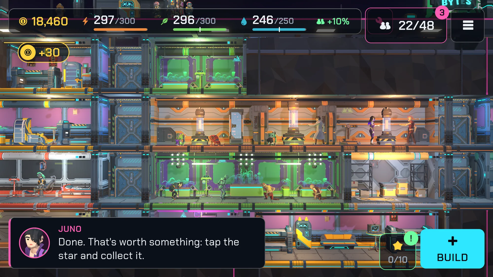 The game as played: the resource bar along the top, Juno on comms at the bottom left and the Build button at the bottom right, over lit rooms