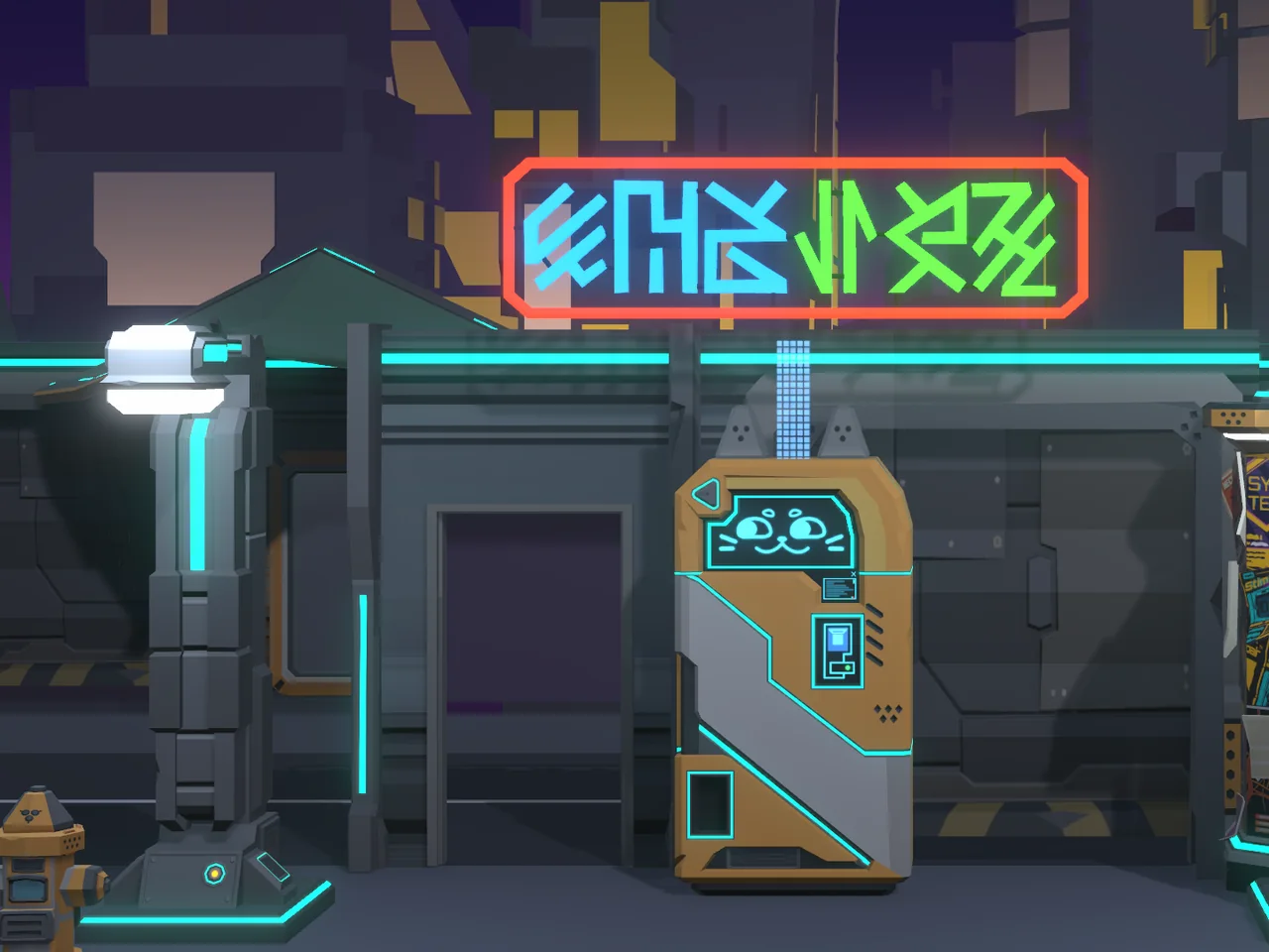 Juno's noodle stand at street level: a kiosk with a cat face under a neon sign, over the shelter entrance