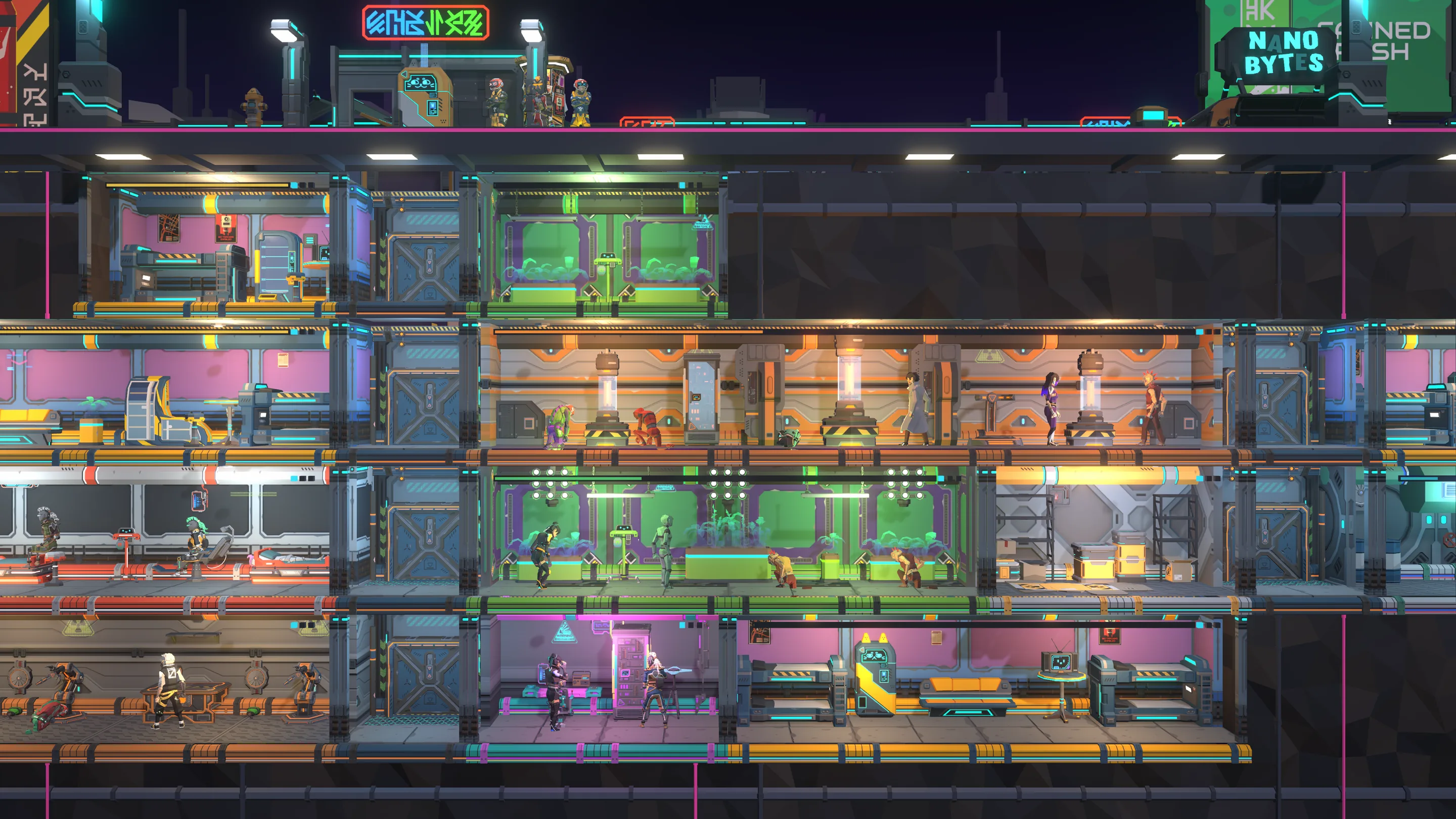 A cut through the shelter under the street: four floors of lit rooms, with residents at work in a reactor, vat farms, a chrome clinic, a workshop and a broadcast room